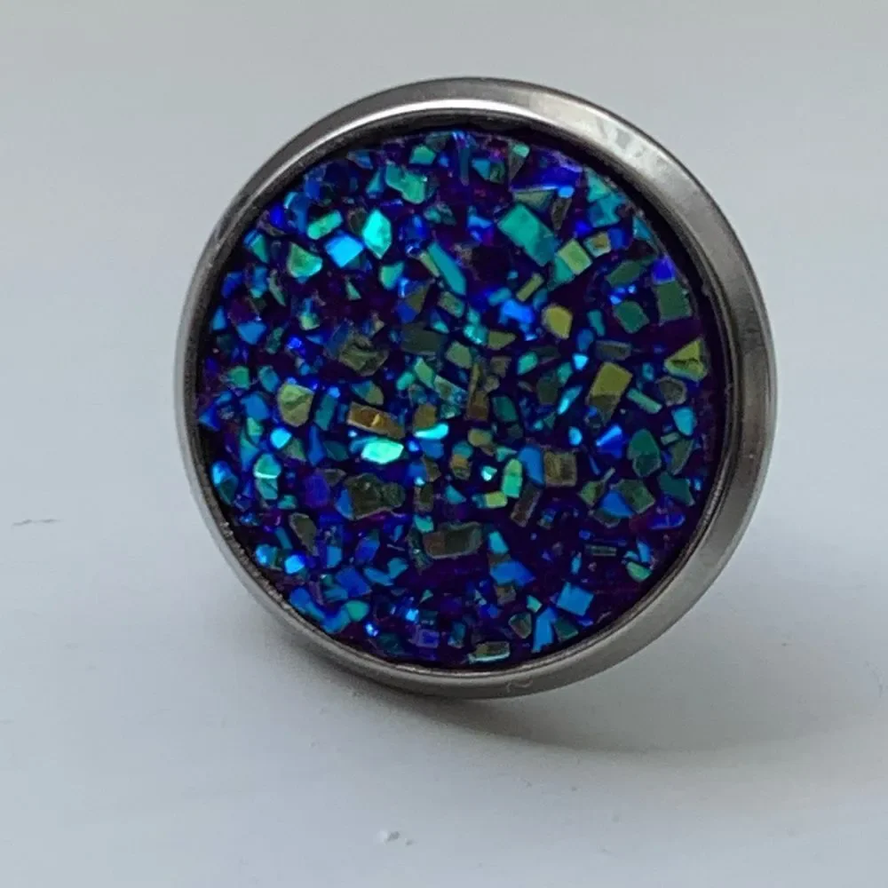 Men’s Titanium Blue Iridescent Faux Drusy Quartz Iced Out Hip Hop Stud Earrings